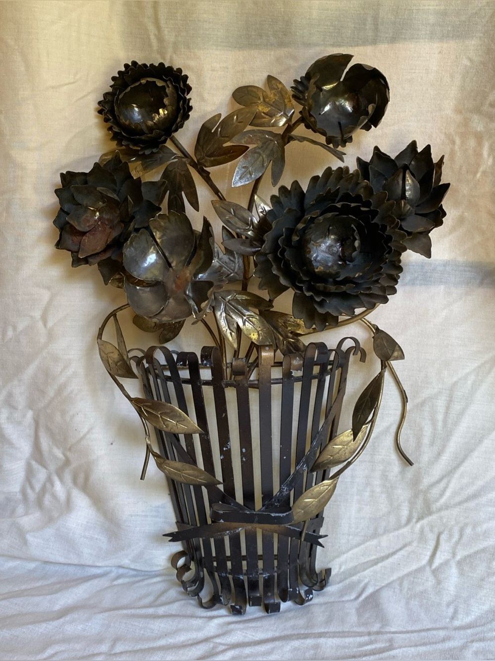 Vintage Mid Century Metal Floral Wall Art Basket Hollywood Regency Flowers